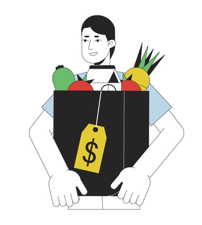 Man holds packet with goods flat line color vector character. Editable outline half body man with expensive purchases on white. Shopping simple cartoon spot illustration for web graphic designのイラスト素材