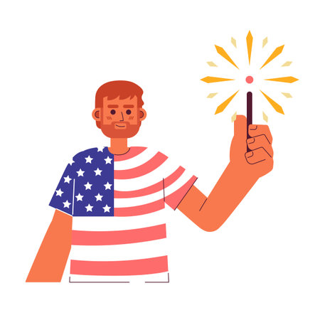 Patriotic caucasian man holding sparkler semi flat colorful vector character. Wearing american flag tshirt. Editable half body person on white. Simple cartoon spot illustration for web graphic designのイラスト素材