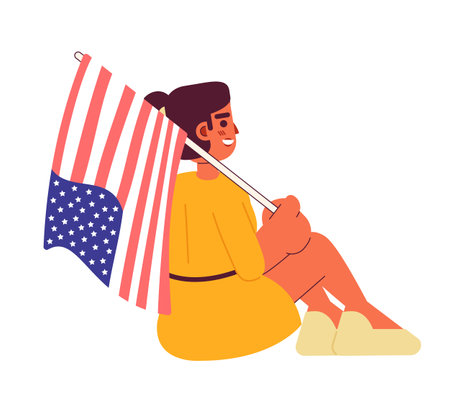 Mixed race girl with american flag sitting semi flat colorful vector character. Patriotism national flag. Editable full body person on white. Simple cartoon spot illustration for web graphic designのイラスト素材