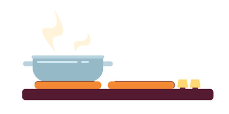 Steel stainless pot on kitchen stove semi flat color vector object. kitchen appliance. Editable cartoon clip art icon on white background. Simple spot illustration for web graphic designのイラスト素材