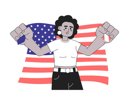 African american woman holding american flag monochromatic flat vector character. independence day USA. Editable line half body person on white. Simple bw cartoon spot image for web graphic designのイラスト素材