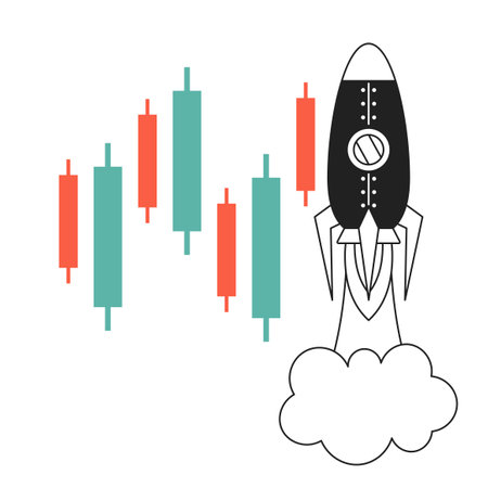 Flying rocket monochrome flat vector object. Exponential growth, investment. start up. Editable black and white thin line icon. Simple cartoon clip art spot illustration for web graphic designのイラスト素材