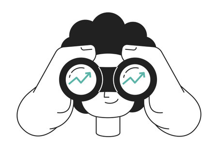 Businessman holding binoculars monochrome flat linear character head. Man looking at chart arrow up. Editable outline hand drawn human face. 2D cartoon spot vector avatar illustration for animationのイラスト素材