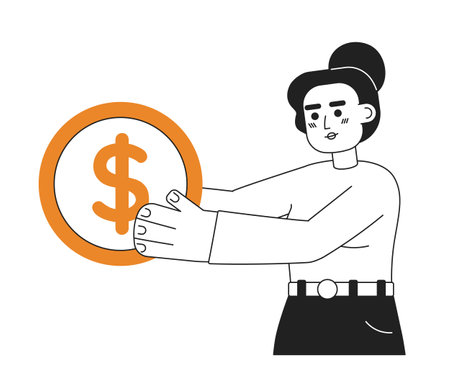 Entrepreneur woman with coin flat line black white vector character. Editable outline half body businesswoman invest money on white. Simple cartoon isolated spot illustration for web graphic designのイラスト素材