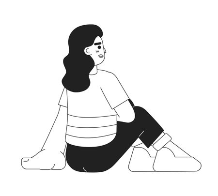 Caucasian brunette woman sitting leisurely monochromatic flat vector character. fun weekend. positive rest. Editable line full body person on white. Simple bw cartoon spot image for web graphic designのイラスト素材