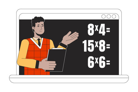Math online lesson on laptop flat line color vector character. Editable outline half body of man explains math on white. Education character simple cartoon spot illustration for web graphic designのイラスト素材