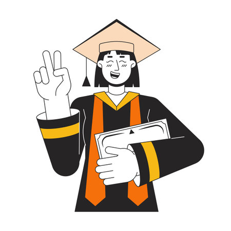 Student girl in robe and academic cap flat line color vector character. Editable outline half body student holds diploma on white. Education simple cartoon spot illustration for web graphic designのイラスト素材