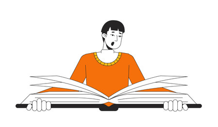 Shocked asian man reading big book flat line color vector character. Editable outline half body education character on white. Simple cartoon spot illustration for web graphic designのイラスト素材