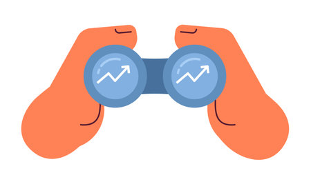 Looking on diagram through binoculars semi flat color vector object. Hand hold binoculars. Editable cartoon clip art icon on white background. Simple spot illustration for web graphic designのイラスト素材