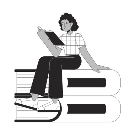 Cute african american girl reading book bw concept vector spot illustration. Busy student 2D cartoon flat line monochromatic character for web UI designimageのイラスト素材