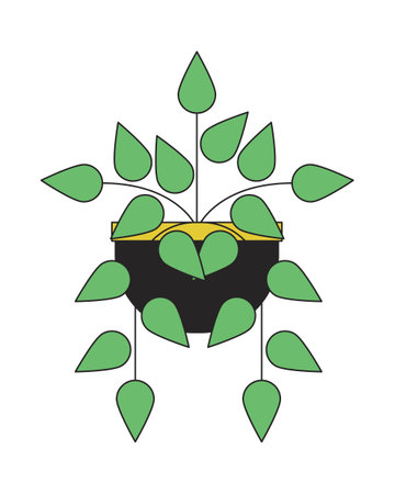 Decorative houseplant in pot flat line color isolated vector object. Small hanging pot with plant. Editable clip art image on white background. Simple outline cartoon spot illustration for web designのイラスト素材