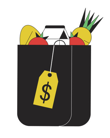 Paper bag with goods flat line color isolated vector object. Expensive shopping in grocery. Editable clip art image on white background. Simple outline cartoon spot illustration for web designのイラスト素材