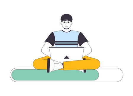 Programmer sitting on loading bar flat design. Asian guy sitting with laptop and working. web loader ui ux. Please wait. Graphical user interface. cartoon vector illustration on white backgroundのイラスト素材