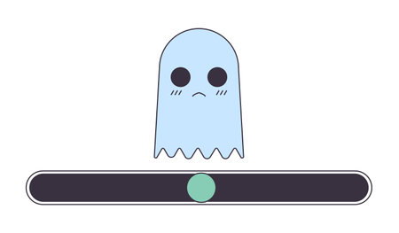 Unhappy ghost creature on progress loading bar flat design. Sad spirit waiting for loading. web loader ui ux. Please wait. Graphical user interface. cartoon vector illustration on white backgroundのイラスト素材