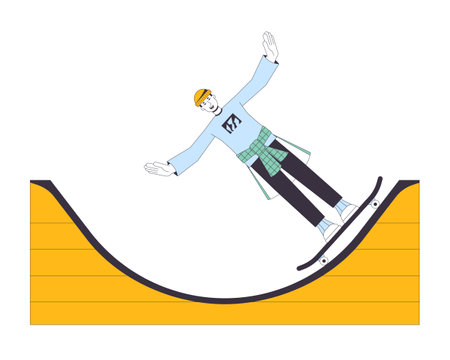 Excited man on skateboard flat line color vector character. extreme sport. Editable outline full body skater have fun with skateboard on white. Simple cartoon spot illustration for web graphic designのイラスト素材