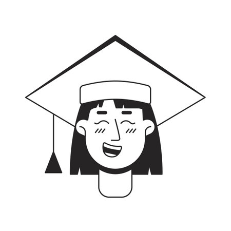 Exited young caucasian student monochrome flat linear character head. Graduation academic cap. Editable outline hand drawn human face icon. 2D cartoon spot vector avatar illustration for animationのイラスト素材