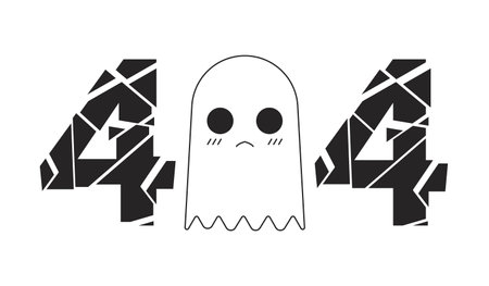 Cute small ghost black white error 404 flash message. Crystal shattering 404. Monochrome empty state...