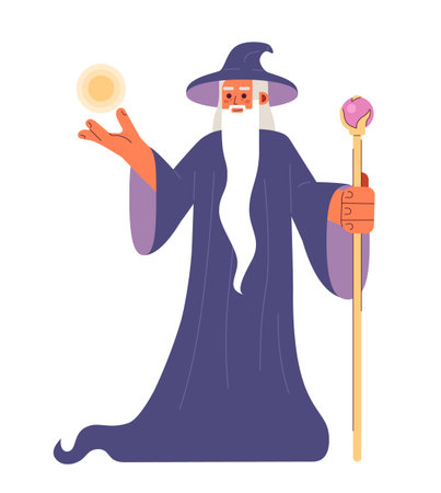 Wizard with magic powers semi flat color vector character. Editable full body old man in mage robe show magic power on white. Simple cartoon spot illustration for web graphic designのイラスト素材