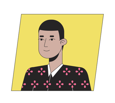 Serious latinaamerican short hair man flat color cartoon avatar icon. Editable 2D user portrait linear illustration. Isolated vector face profile clipart. Userpic, person head and shouldersのイラスト素材