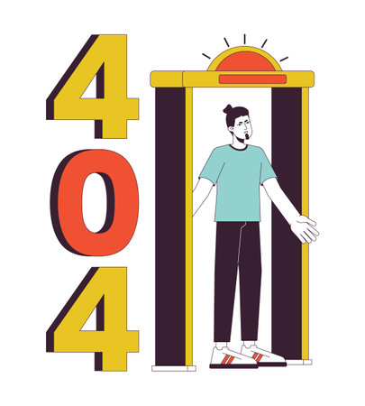 Metal detector go off at airport error 404 flash message. Man standing in security gate. Empty state ui design. Page not found popup cartoon image. Vector flat illustration concept on white backgroundのイラスト素材