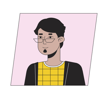 Stylish brunette man in glasses flat color cartoon avatar icon. adult muslim. Editable 2D user...