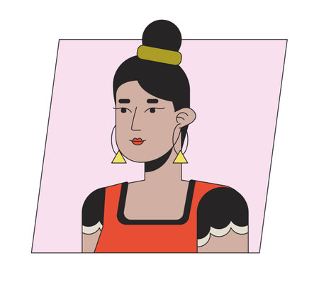 Beautiful indian woman with bun hairstyle flat color cartoon avatar icon. Editable 2D user portrait...