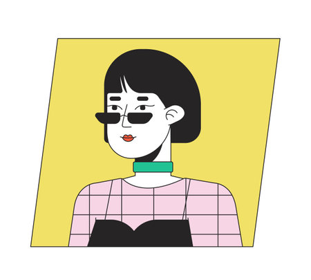 Asian woman with bob hairstyle and sunglasses flat color cartoon avatar icon. Editable 2D user portrait linear illustration. Isolated vector face profile clipart. Userpic, person head and shouldersのイラスト素材