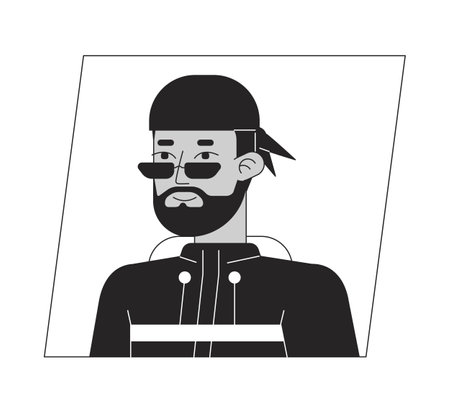 Muslim hipster in glasses black white cartoon avatar icon. Stylish man. Editable 2D character user portrait, linear flat illustration. vector face profile. Outline person head and shouldersのイラスト素材