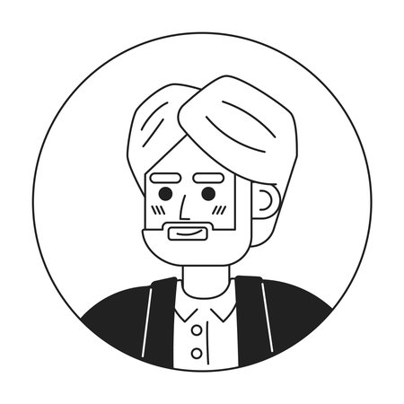 Senior indian man in turban monochrome flat linear character head.Traditional indian clothes....