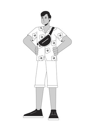 Indian male tourist with crossbody bag flat line black white vector character. Editable outline full...