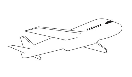 Airplane flying flat monochrome isolated vector object. passenger plane flight. air travel. Editable black and white line art drawing. Simple outline spot illustration for web graphic designのイラスト素材