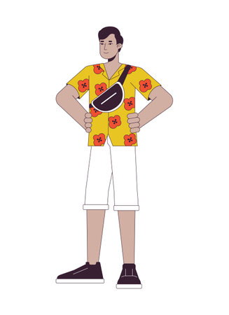 Indian male tourist with crossbody bag flat line color vector character. Editable outline full body person on white. Man wearing hawaiian shirt simple cartoon spot illustration for web graphic designのイラスト素材