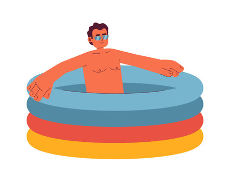 Hispanic sunglasses man in inflatable swimming pool semi flat color vector character. Pool guy relaxing. Editable full body person on white. Simple cartoon spot illustration for web graphic designのイラスト素材