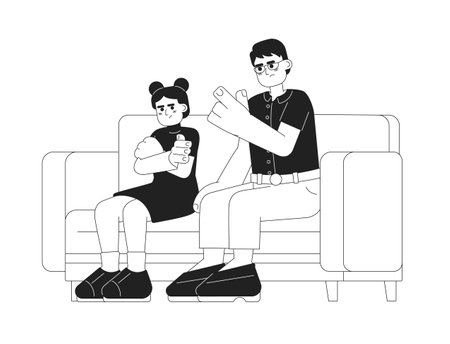 Asian parent scolding child monochrome vector spot illustration. Korean father disciplining frustrated daughter 2D flat bw cartoon characters for web UI design. Isolated editable hand drawn hero imageのイラスト素材
