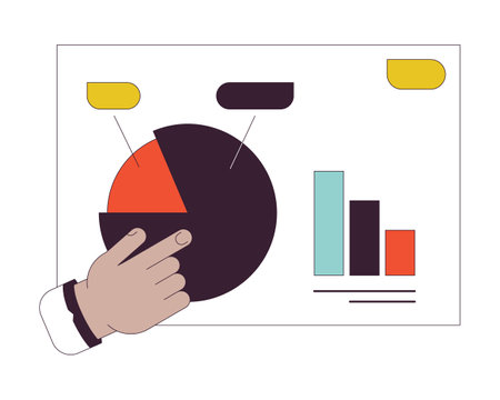 Business presentation pie chart pointing flat line concept vector spot illustration. Diagram analytics whiteboard 2D cartoon outline hand on white for web UI design. Editable isolated color hero imageのイラスト素材
