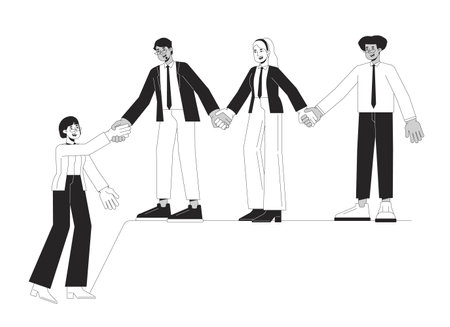Supportive business team bw concept vector spot illustration. Colleagues 2D cartoon flat line monochromatic characters for web UI design. Collaboration, teamwork editable isolated outline hero imageのイラスト素材