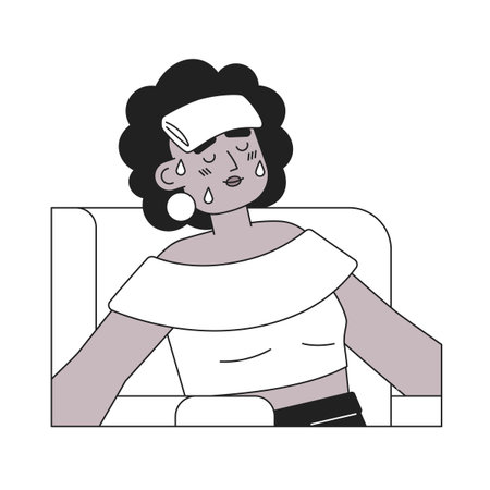 African american sweaty woman with wet towel monochromatic flat vector character. Heatstroke symptom. Editable thin line half body person on white. Simple bw cartoon spot image for web graphic designのイラスト素材