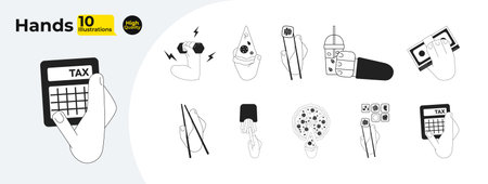 Hands hold things monochrome flat vector objects bundle. Many hands with food, money. Editable black and white thin line icon. Simple cartoon clip art spot illustration for web graphic designのイラスト素材