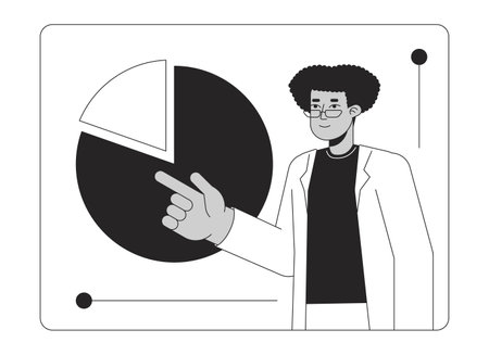 Eyeglasses latino man with pie chart bw concept vector spot illustration. Hispanic entrepreneur 2D cartoon flat line monochromatic character for web UI design. Editable isolated outline hero imageのイラスト素材