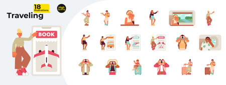 Travelers go on vacation flat concept vector spot illustrations bundle. planning trip. Traveling 2D cartoon characters on white for web UI design. Isolated editable creative hero image collectionのイラスト素材