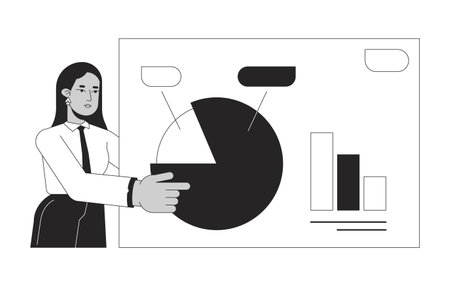 Business presentation woman bw concept vector spot illustration. Female worker pointing chart 2D cartoon flat line monochromatic character for web UI design. Editable isolated outline hero imageのイラスト素材