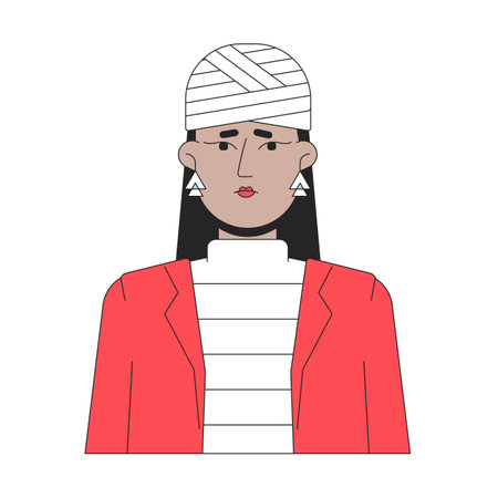 Head trauma in young woman flat line color vector character. Editable outline half body unhappy lady...