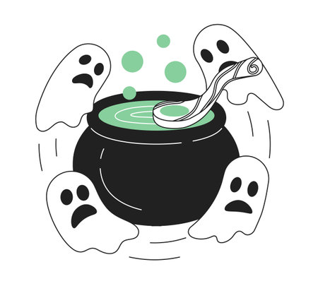 Cauldron with ghosts on Halloween monochrome concept vector spot illustration. Magic cooking with spirits 2D flat bw cartoon composition for web UI design. Isolated editable hand drawn hero imageのイラスト素材
