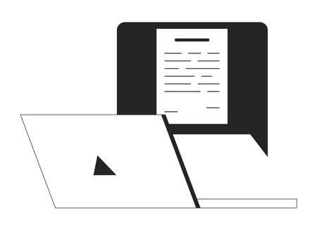 Notification message on laptop flat monochrome isolated vector object. laptop computer office. Editable black and white line art drawing. Simple outline spot illustration for web graphic designのイラスト素材