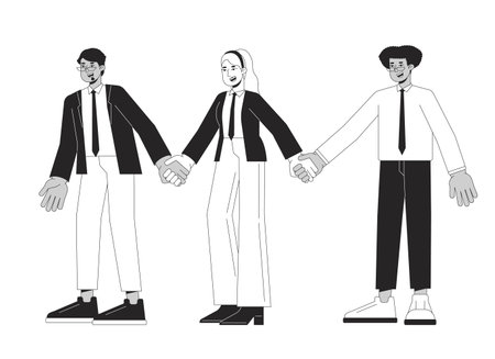 Diverse corporate employees holding hands flat line black white vector characters. Editable outline full body people. Diverse coworkers simple cartoon isolated spot illustration for web graphic designのイラスト素材