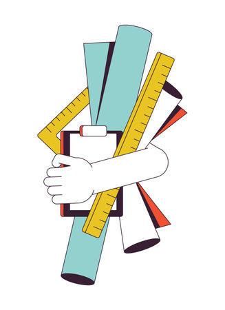Hand holds equipment flat line color isolated vector object. Paper, scrolls, rulers and tablets. Editable clip art image on white background. Simple outline cartoon spot illustration for web designのイラスト素材