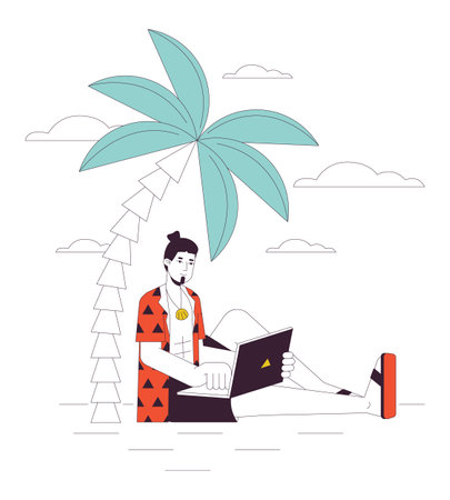 Freelancer on vacation flat line concept vector spot illustration. Caucasian man with laptop working 2D cartoon outline character on white for web UI design. Editable isolated color hero imageのイラスト素材
