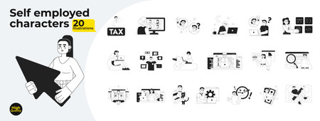 Freelancers with laptops monochrome concept vector spot illustrations bundle. Self employed 2D flat bw cartoon characters for web UI design. Isolated editable hand drawn hero image collectionのイラスト素材