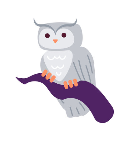 Owl sitting on branch semi flat color vector object. wild life in the forest. Great horned owl in tree. Editable cartoon clip art icon on white background. Simple spot illustration for web graphic designのイラスト素材