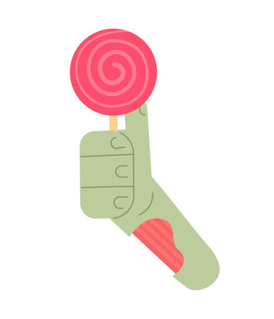 Zombie hand holding lollipop candy semi flat color vector hand. Halloween celebration. Trick or treat. Editable closeup clip art on white. Simple cartoon spot illustration for web graphic designのイラスト素材